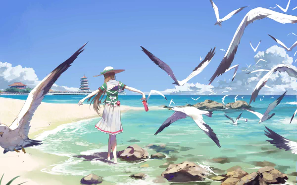 Anime original 2K Quad HD PC wallpaper: girl in a sunhat and white dress on a bright beach under cloud-streaked sky, surrounded by swooping seagulls (anime bird) over turquoise water.