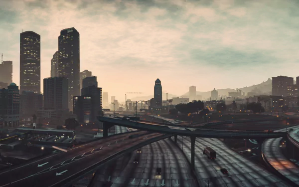 A detailed HD PC wallpaper of Los Santos cityscape from Grand Theft Auto V, featuring skyscrapers, roads, and a moody sky at dusk.
