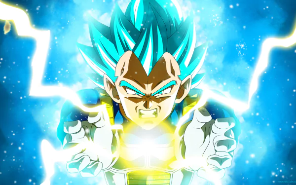 HD desktop wallpaper featuring Vegeta from Dragon Ball Super in a dynamic pose, emitting powerful energy with a glowing blue aura and intense expression against a vibrant, electric background.
