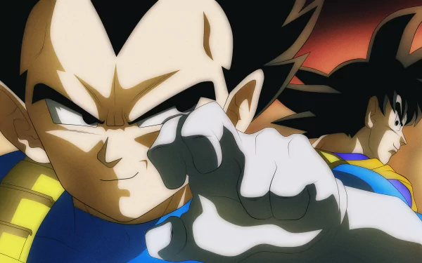 Close-up of Vegeta and Goku from Dragon Ball Super in vivid 8K Ultra HD anime style, designed as a dynamic PC desktop wallpaper and background.