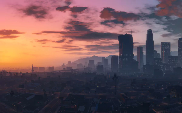 Sunset skyline of Los Santos city from Grand Theft Auto V, captured in 4K Ultra HD for a vivid PC desktop wallpaper and background.