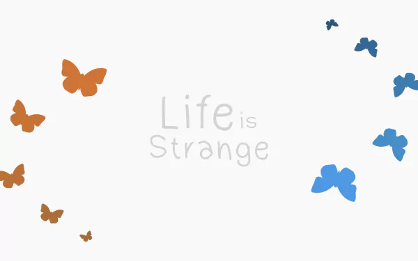 Minimalist 8K Ultra HD wallpaper featuring orange and blue butterflies with the Life Is Strange logo, inspired by the video game and minimalist gaming style.