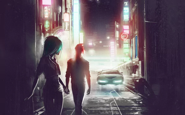 Futuristic cityscape with neon lights, a retro wave ambiance, and a sleek car. Two figures walk toward the glow of the vibrant town. Tagged: Klayton, music, Scandroid. HD desktop wallpaper.