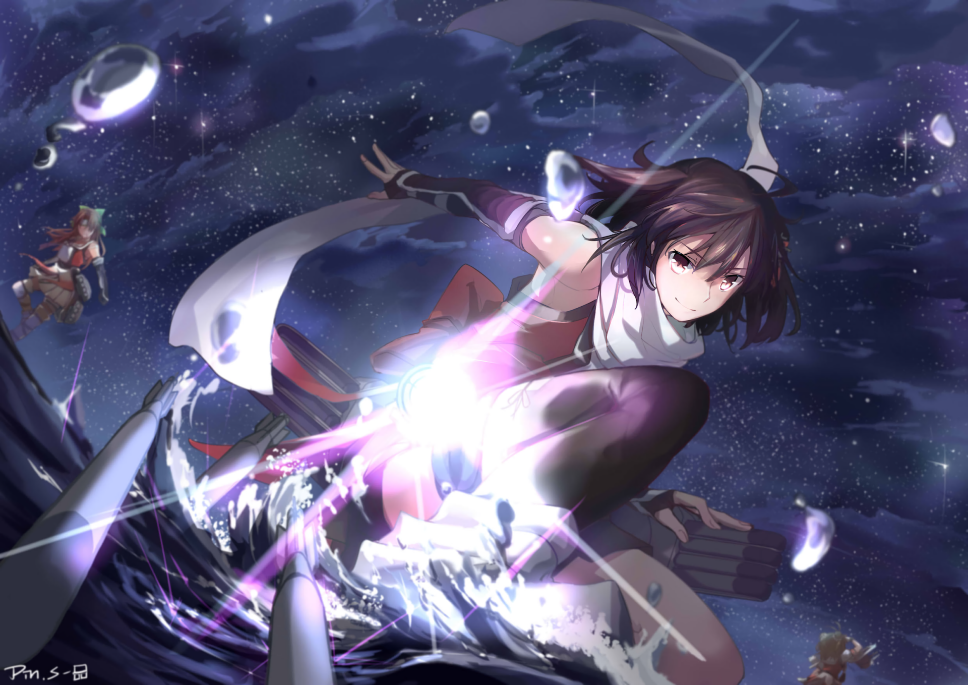 HD anime desktop wallpaper featuring Jintsu, Sendai, and Naka from Kantai Collection in a dynamic space-themed scene.