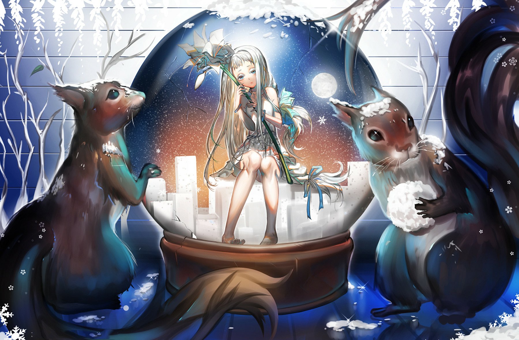 HD anime winter wallpaper featuring a glowing globe with a girl inside, surrounded by two rabbits in snow under a moonlit sky with delicate flowers.