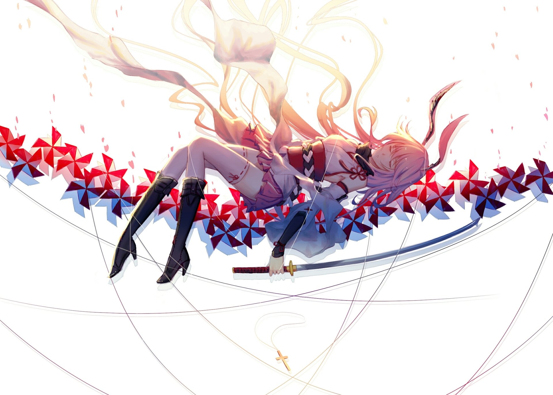 Yae Sakura (Benghuai Xueyuan) floats on a white field, long pink hair and kimono-like outfit, sword in hand amid a trail of red and blue origami petals — anime HD PC desktop wallpaper/background.