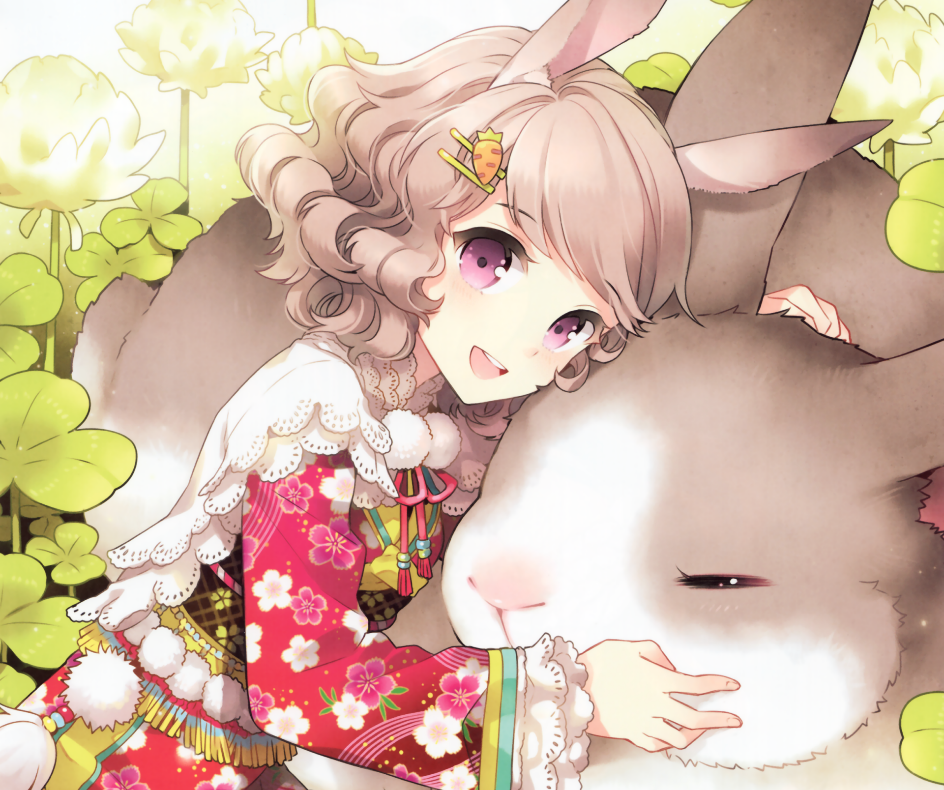 HD anime wallpaper featuring a smiling blonde girl in a colorful kimono with purple eyes, bunny ears, a carrot hair clip, and clover accents, hugging a large bunny against a backdrop of dandelions.
