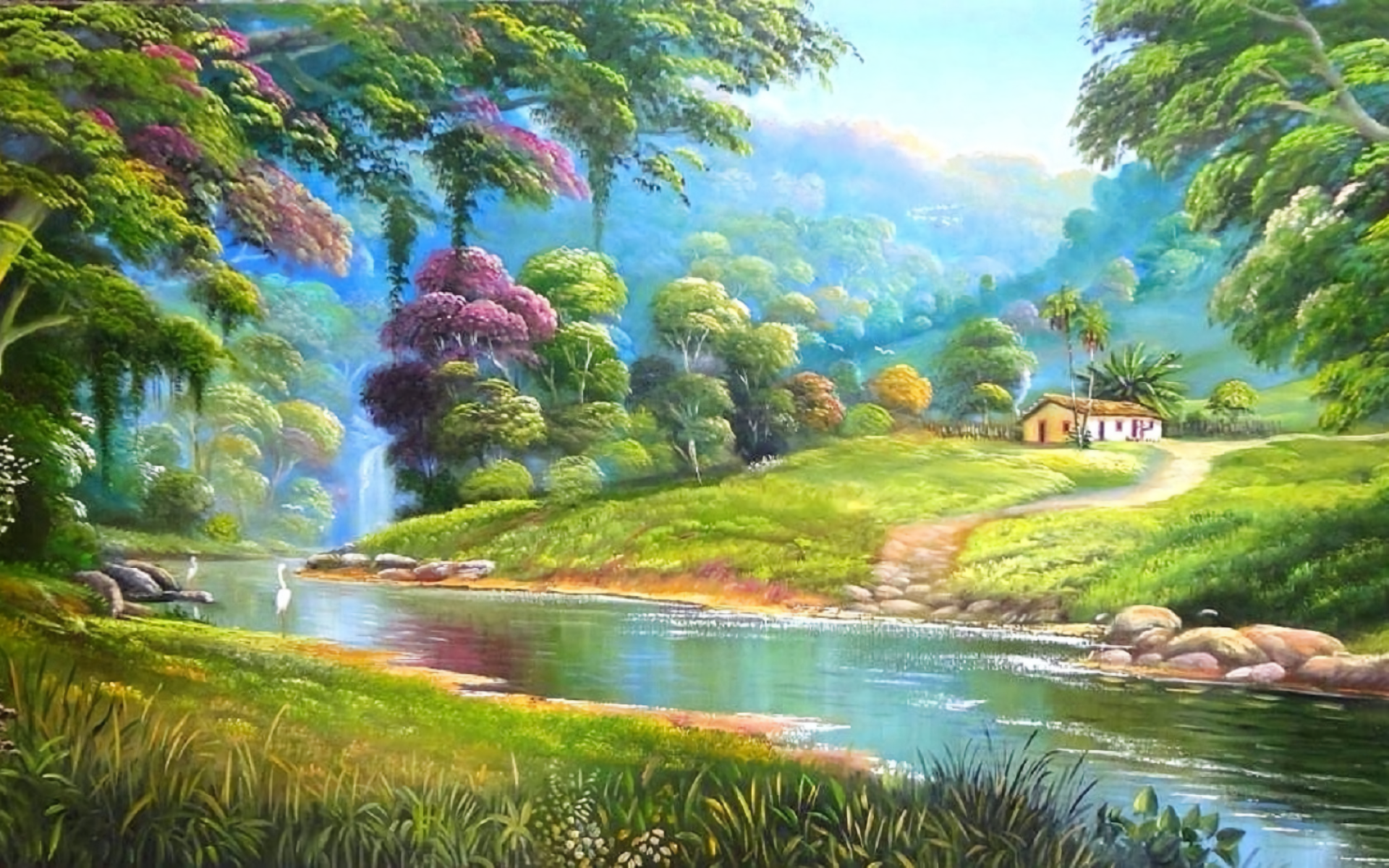 Artistic painting of a serene riverside landscape with vibrant trees, a small house, and lush greenery, designed as an HD PC desktop wallpaper.
