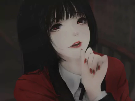 HD desktop wallpaper featuring Yumeko Jabami from the anime Kakegurui. She is shown with a captivating expression, wearing her distinctive red and black outfit against a dark background.