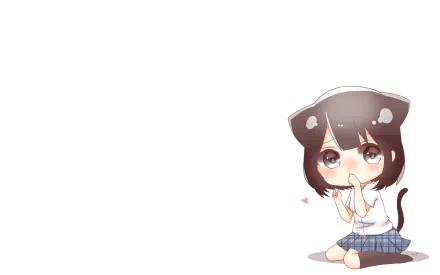 HD desktop wallpaper featuring Misaki Takasaki from the anime Love and Lies (Koi to Uso). The character is depicted in a cute chibi style, dressed with cat ears and a tail, sitting on the ground with a shy expression.