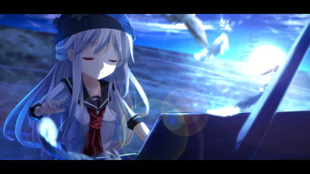 HD original anime wallpaper of a white‑haired girl in a school uniform playing piano by the sea at evening under a cloudy sky, a glowing anime bird overhead. PC desktop background