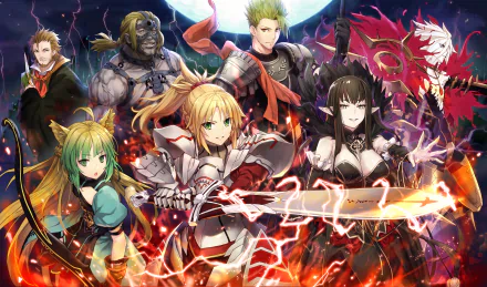HD desktop wallpaper featuring characters from Fate/Apocrypha: Caster of Red, Saber of Red, Mordred, and William Shakespeare, set against a vibrant, dynamic background.