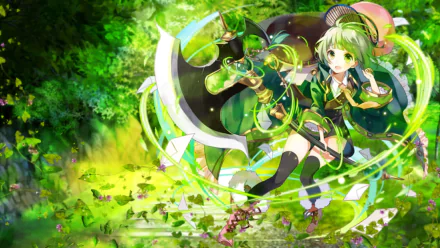 Original green anime HD PC desktop wallpaper: a spirited green‑haired anime girl in a leafy outfit wielding a crescent bow and casting swirling emerald magic in a sunlit forest clearing.