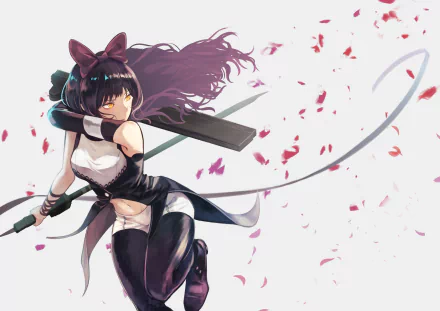 Blake Belladonna from RWBY stands poised with her weapon, surrounded by falling petals, in this vibrant HD anime-style desktop wallpaper.
