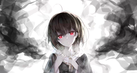 HD wallpaper featuring an anime girl with short black hair, red eyes, and smoke surrounding her. The girl stands in the center, creating a striking and mysterious visual.