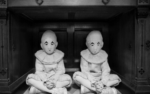 Black-and-white HD PC desktop wallpaper of The Twins (The Peculiar Children) from the movie Miss Peregrine's Home for Peculiar Children, sitting in matching vintage clown masks and costumes.