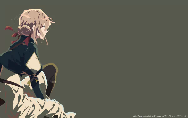HD desktop wallpaper featuring the anime character Violet Evergarden in a contemplative pose against a minimalist background. Text in the bottom corner credits Violet Evergarden in Japanese and English.