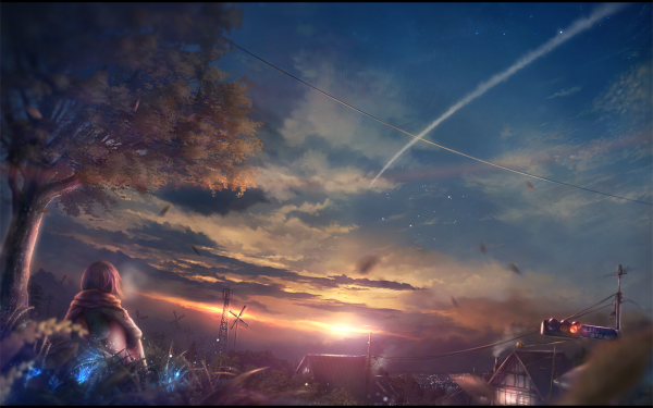 Anime Sunset Flower Tree House Sky Cloud HD Wallpaper | Background Image