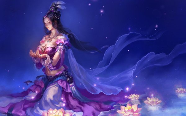 Fantasy Women Night Oriental Long Hair Black Hair Stars HD Wallpaper | Background Image