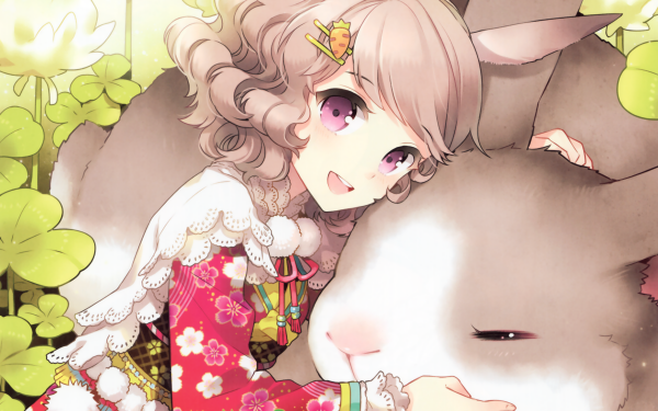 Anime Original Bunny Bunny Ears Clover Purple Eyes Blonde Short Hair Smile Blush Kimono Carrot Dandelion HD Wallpaper | Background Image