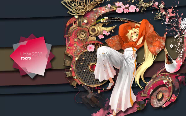 HD PC desktop wallpaper of Vocaloid Otori Kohaku: anime-style blonde in orange kimono and white hakama, reclining amid ornate gears, cherry blossoms and a butterfly on a layered dark background.