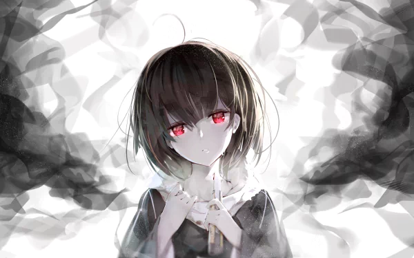HD wallpaper featuring an anime girl with short black hair, red eyes, and smoke surrounding her. The girl stands in the center, creating a striking and mysterious visual.