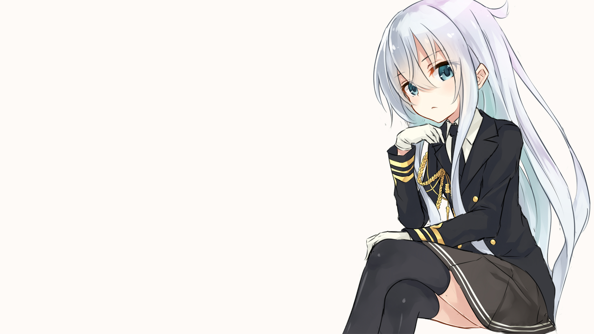 Hibiki from Kantai Collection in anime style, depicted sitting thoughtfully in a black uniform against a light background, designed as an HD PC desktop wallpaper.