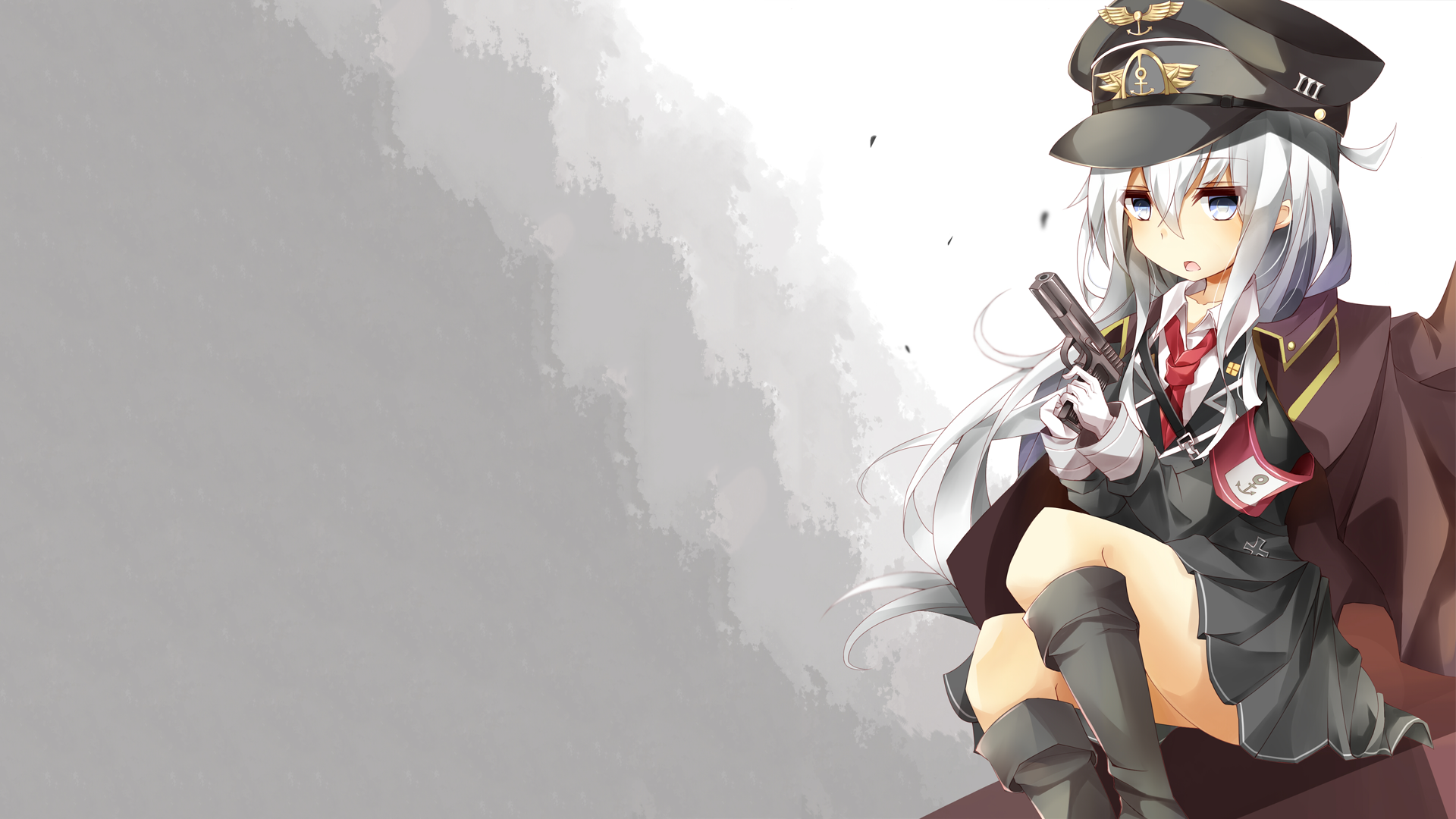 HD anime desktop wallpaper featuring Hibiki from Kantai Collection in military-inspired attire against a minimalist gray background.