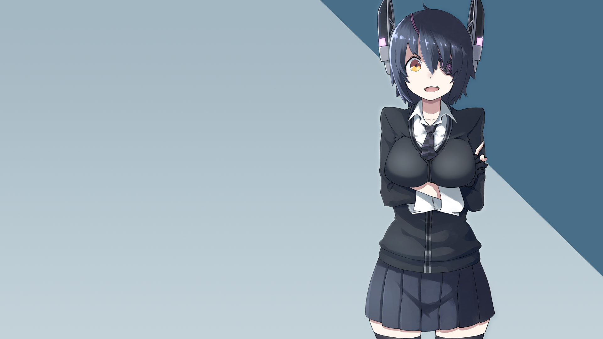 HD PC desktop wallpaper of Tenryuu (Kancolle) from Kantai Collection — anime-style full-body portrait in a school uniform with arms crossed against a minimalist blue gradient background.