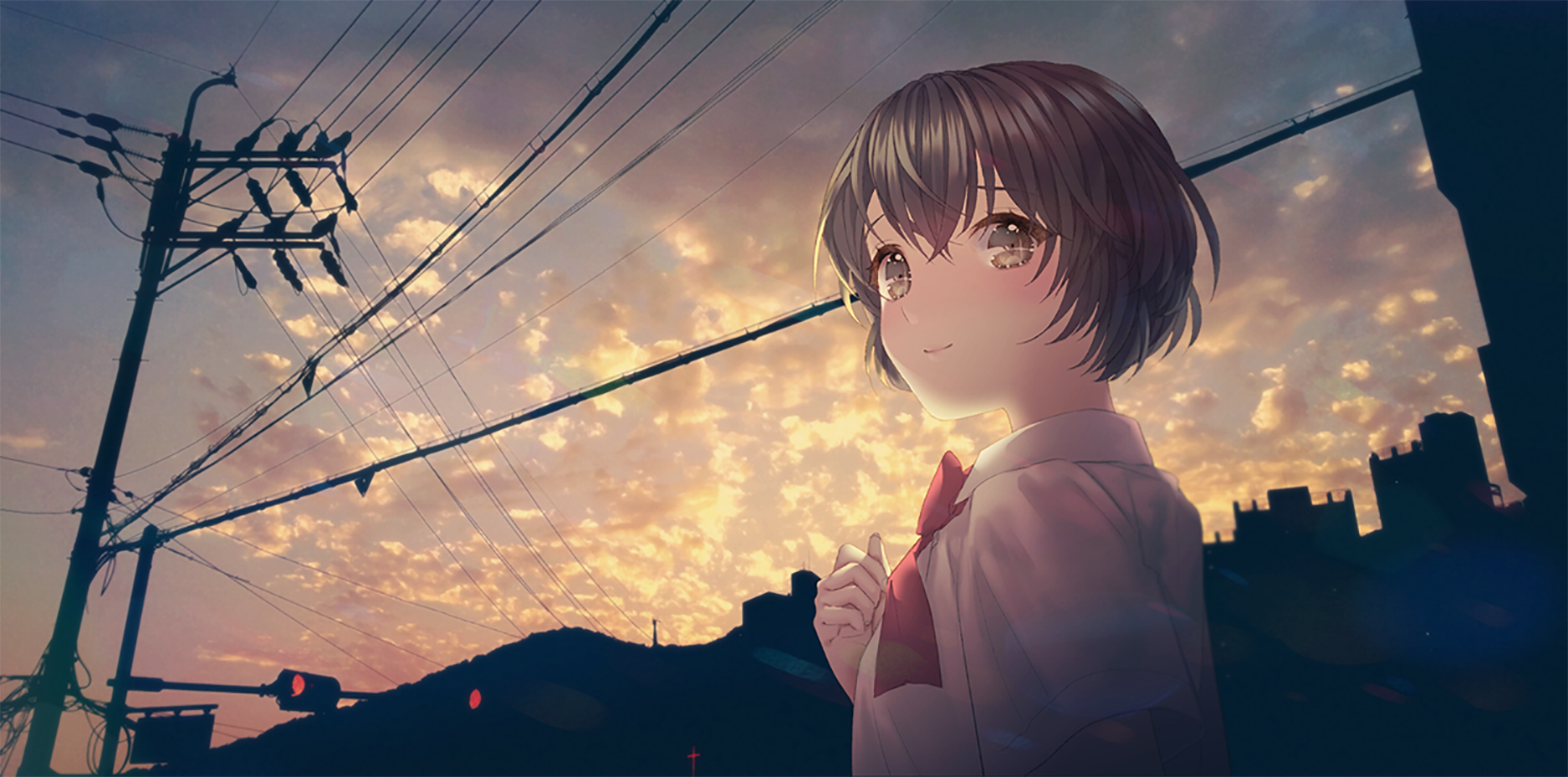 Anime-style HD desktop wallpaper of a girl with short hair in a school uniform, standing near a traffic light under an evening sky filled with clouds and power lines.