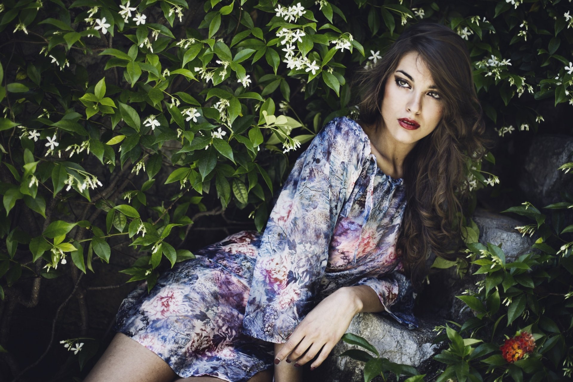 Download Lying Down Dress Brunette Lipstick Woman Model HD Wallpaper