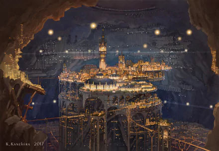 An HD anime-style wallpaper depicts a grand underground city with intricate buildings carved into cave walls, illuminated by warm lights, showcasing a fusion of nature and urban architecture.