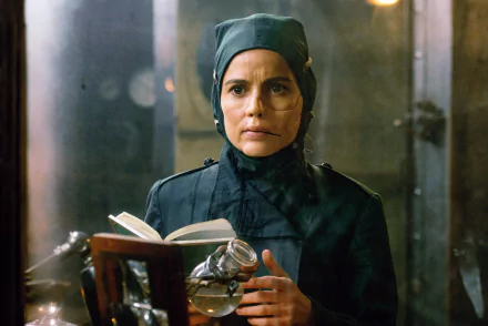 HD desktop wallpaper featuring Elena Anaya as Doctor Poison from the movie Wonder Woman, reading a book in a darkly lit, industrial setting.