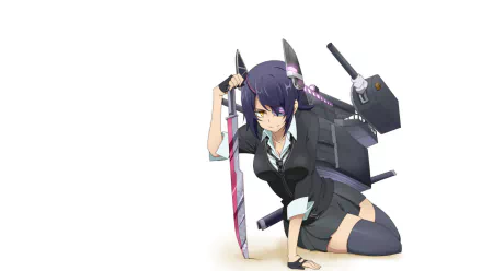 HD PC desktop wallpaper of Tenryuu (Kancolle) from Kantai Collection — anime character kneeling with purple hair, black uniform, holding a striped blade and ship rigging on her back against white.