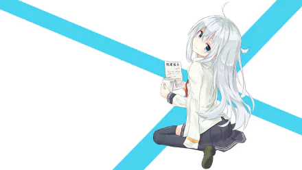Hibiki from Kantai Collection depicted in an anime style, featured as an HD PC desktop wallpaper with clean blue and white geometric background.