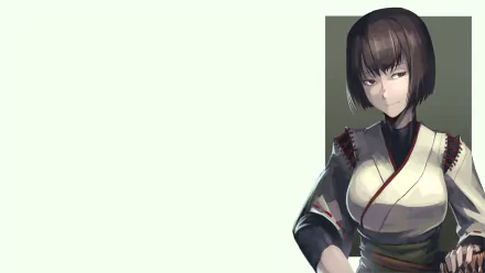 HD PC desktop wallpaper of an anime girl with brown hair in a kimono-style outfit, standing at right on a pale background.