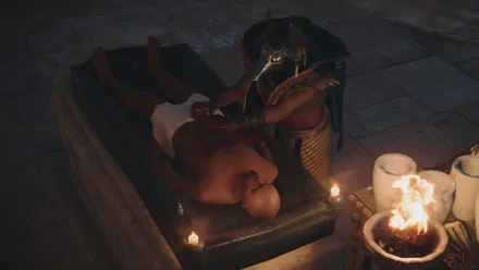 Assassin's Creed Origins (video game) 2K Quad HD PC desktop wallpaper: an Egyptian priest in a gold mask performs a ritual over a prone body on a stone slab, candles and a brazier glowing.