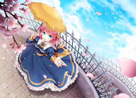 Anime-style girl with pink hair and blue eyes holds a yellow umbrella under cherry blossoms, surrounded by petals, a bird, and a bright blue sky background.