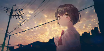 Anime-style HD desktop wallpaper of a girl with short hair in a school uniform, standing near a traffic light under an evening sky filled with clouds and power lines.