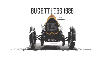 HD desktop wallpaper featuring a frontal view of the vintage Bugatti Type 35 race car, tagged retro and Bugatti, emphasizing its classic design and historical significance. Text reads BUGATTI T35 1926.