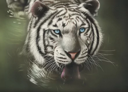 Close-up of a white tiger with striking blue eyes partially submerged in water, captured in HD quality for a desktop wallpaper background.