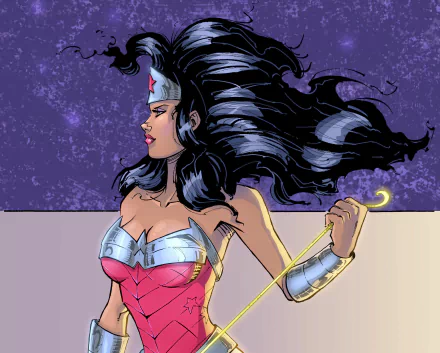 HD comic-style superhero wallpaper featuring Wonder Woman with flowing black hair, wearing her iconic armor and holding a glowing lasso against a textured purple background.