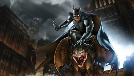 HD wallpaper from Batman: The Telltale Series, featuring Batman perched on a gargoyle in a dark, cityscape backdrop. Image is tagged with DC Comics, Batman, video game, and Batman: The Telltale Series.