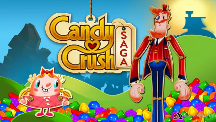 HD desktop wallpaper featuring characters from Candy Crush Saga, with bright colorful candies and a playful landscape in the background.
