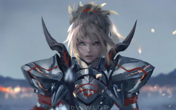 Anime-inspired HD desktop wallpaper featuring Mordred, also known as Saber of Red from Fate/Apocrypha. The character is dressed in armor, standing in a blurred landscape backdrop.