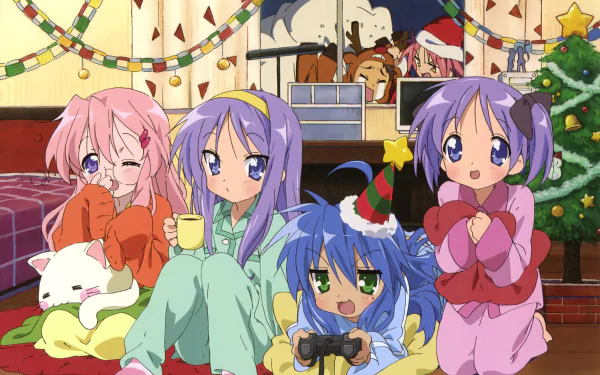 A vibrant scene from the anime *Lucky Star*, featuring Minoru Shiraishi, Akira Kogami, Tsukasa Hiiragi, Konata Izumi, Kagami Hiiragi, and Miyuki Takara, celebrating with holiday spirit.