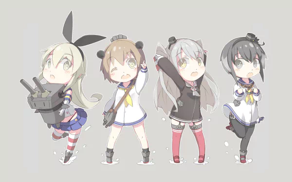 HD PC wallpaper of chibi Kantai Collection anime shipgirls Yukikaze, Tokitsukaze, Amatsukaze and Shimakaze lined up in cute naval outfits on a pale background.