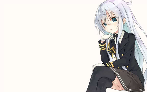 Hibiki from Kantai Collection in anime style, depicted sitting thoughtfully in a black uniform against a light background, designed as an HD PC desktop wallpaper.