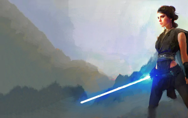 HD wallpaper of Daisy Ridley as Rey from Star Wars: The Last Jedi, featuring the woman warrior holding a blue lightsaber against a misty, mountainous background.