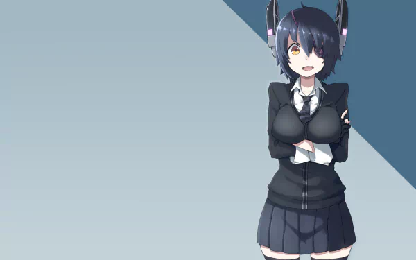 HD PC desktop wallpaper of Tenryuu (Kancolle) from Kantai Collection — anime-style full-body portrait in a school uniform with arms crossed against a minimalist blue gradient background.